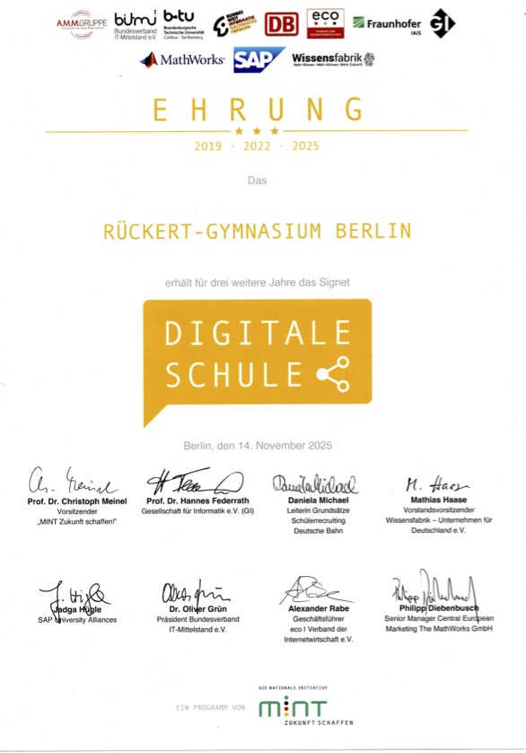 Wiederholte Ehrung des Rückert-Gymnasiums als MINT freundliche Schule