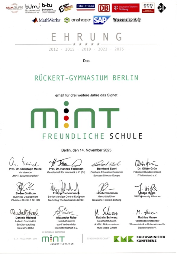 Wiederholte Ehrung des Rückert-Gymnasiums als MINT freundliche Schule